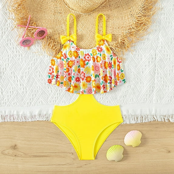 CUZIBR Girls Two Piece Swimwear Tankini Swimsuits For Youth Adjustable Spaghetti Strap Ruffle Tiered Layered Floral Print Tank Top Shorts Beach Pool Party Bathing Suits,Yellow,9-10 Years