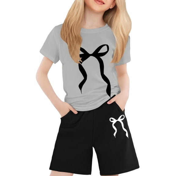 CUZIBR Girls Valentine'S Day Outfit Elegant Bow Print Round Neck Short Sleeve T Shirt Shorts Fashionable Two Piece Casual Summer Cozy Breathable For Toddler Kids Fashion Streetwear,Grey,10-11 Years