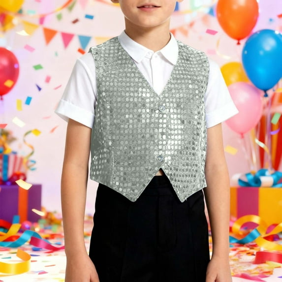 CUZIBR Girls Vest Carnival Sparkling Sequins Vest V-Neck Sleeveless Button Waistcoat Stage Performance Shiny Glitter Jacket Spring Fall Clothing,White,3-4 Years