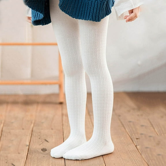 CUZIBR Girls Warm Tights Full Leggings Knitted Pantihose Stretchy Basic Cable Knit Cotton Footed Seamless Dance Ballet Leggings Cozy Bottom Trousers,White,12-24 Months