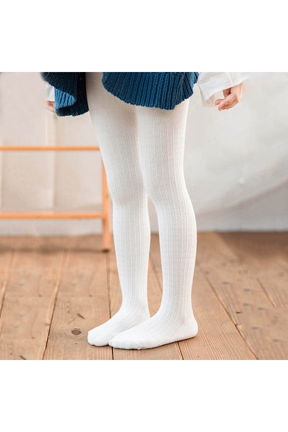 Girls Warm Tights Full Leggings Knitted Pantihose Stretchy Basic Cable Knit Cotton Footed Seamless Dance Ballet Leggings Cozy Bottom Trousers,White,4-6 Years