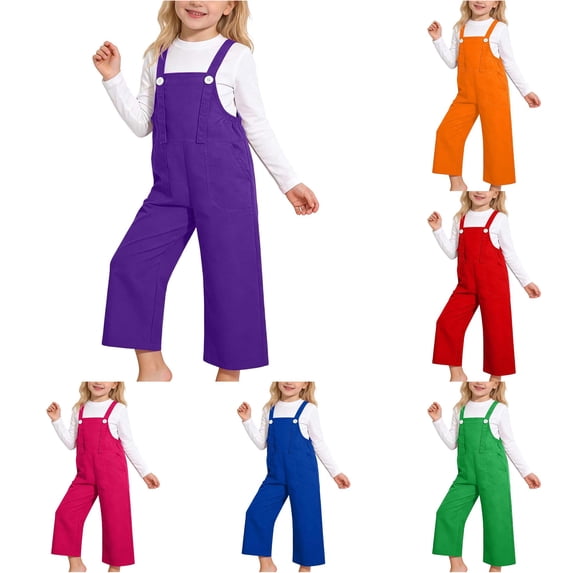 CUZIBR Girls Wide Leg Overalls Pants Button Strap Bib Jumpsuit With Pockets Soft Casual Pants For Kids Outdoor Walking Loose Fit Sleeveless Bottoms Suspender Trousers,Purple,9-10 Years