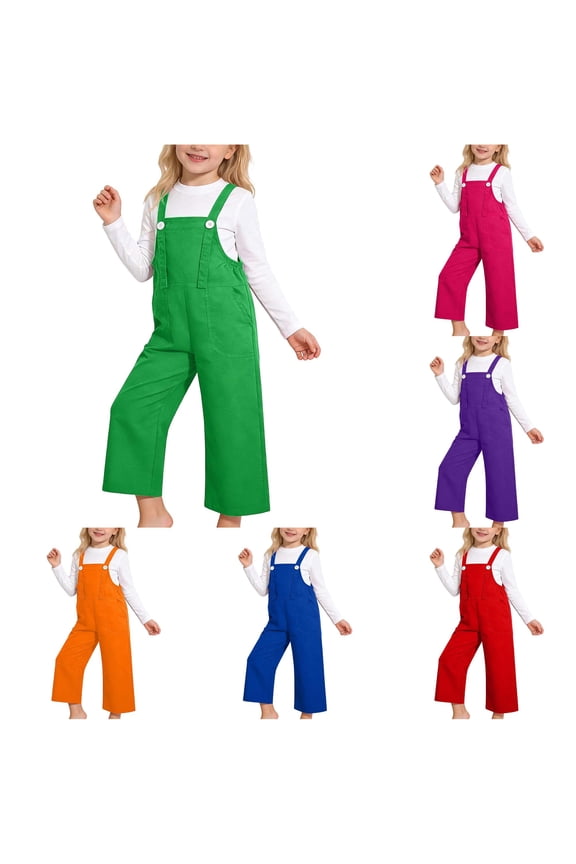 Girls Wide Leg Overalls Pants Button Strap Bib Jumpsuit With Pockets Soft Casual Pants For Kids Outdoor Walking Loose Fit Sleeveless Bottoms Suspender Trousers,Green,13-14 Years