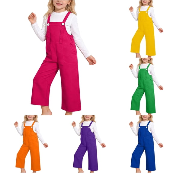 CUZIBR Girls Wide Leg Overalls Pants Button Strap Bib Jumpsuit With Pockets Soft Casual Pants For Kids Outdoor Walking Loose Fit Sleeveless Bottoms Suspender Trousers,Hot Pink,9-10 Years