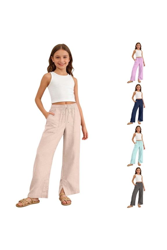 Girls Wide Leg Pants Elastic Drawstring Front Patch Pockets Split Hem Solid Color Loose Straight Leg Trousers Lightweight Outdoor Play Beach Vacation Bottoms For Kids,Beige,11-12 Years