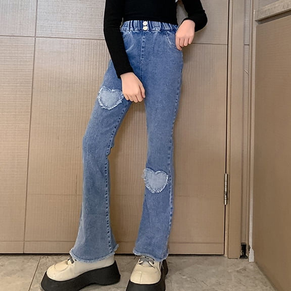 CUZIBR Girls Wide Leg Sweatpants High Waist Denim Pants Solid Elastic Waist Vintage Distressed Jeans Flared Trousers Soft Stretch Kids Athletic Pants,Blue,6-7 Years