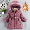 thumbnail image 1 of CUZIBR Girls Winter Coat Long Sleeve Solid Color Hooded Zipper Padded Jacket Mid-Length Plus Thickening Warm Tops With Elastic Belt Fashion Heavyweight Comfy Outwear,Purple,5-6 Years, 1 of 9