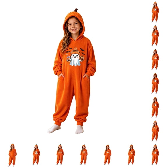 CUZIBR Girls Winter Jumpsuit Pumpkin Hooded Jumpsuit Onesie With Pockets Long Sleeve Zip Up Halloween Costume Loose Thicken Thermal One Piece Outfit For Kids Party Cosplay,q-Orange,4-5 Years
