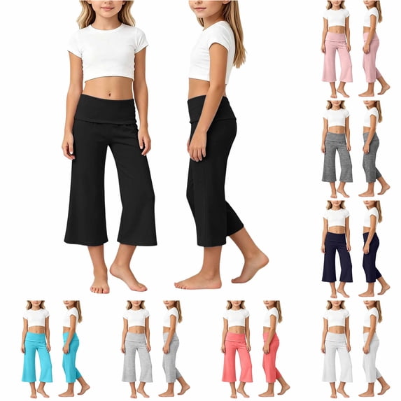 CUZIBR Girls Yoga Pants Solid Color Wide Leg Loose Casual Capris Pants For Toddler Kids Stretchy Soft Athletic Cropped Trousers Dance Gym Workout Loose Breathable Bottoms,Black,13-14 Years