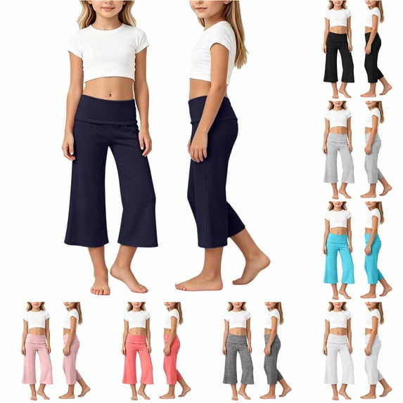 CUZIBR Girls Yoga Pants Solid Color Wide Leg Loose Casual Capris Pants For Toddler Kids Stretchy Soft Athletic Cropped Trousers Dance Gym Workout Loose Breathable Bottoms,Dark Blue,11-12 Years