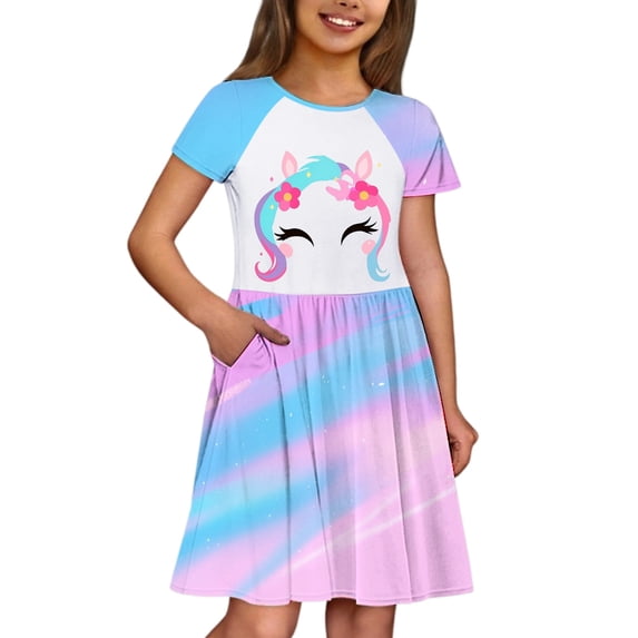 CUZIBR Girls Youth Kids Summer Dresses Casual Short Sleeve Round Neck Cartoon Print Color Block Gradient Comfortable A Line Dress For Toddler Beach Vacation Party Clothes,Pink,9-10 Years