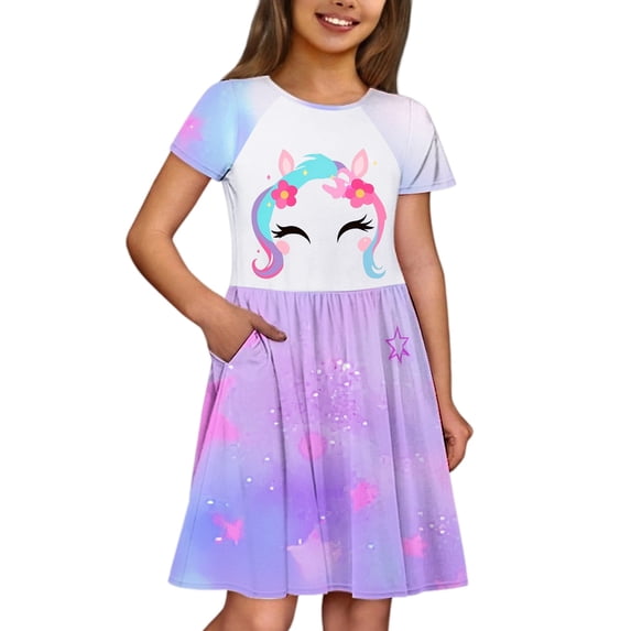 CUZIBR Girls Youth Kids Summer Dresses Casual Short Sleeve Round Neck Cartoon Print Color Block Gradient Comfortable A Line Dress For Toddler Beach Vacation Party Clothes,Light Purple,7-8 Years
