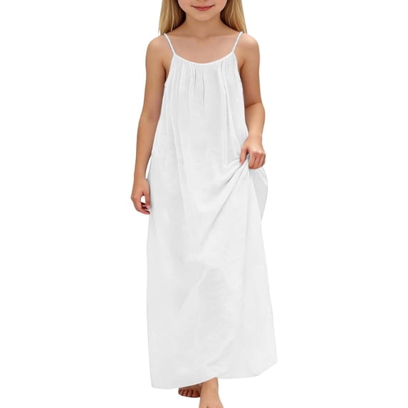 CUZIBR Girls Youth Summer Long Dress Sleeveless Spaghetti Strap Scoop Neck Loose Fit Solid Colro Backless Casual Home Wear Lightweight Breathable Stylish Dresses For Toddler Kids,White,12-13 Years