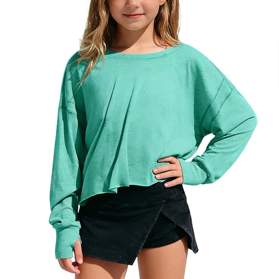 CUZIBR Girls Youth Shirts Loose Fit Long Sleeve Cropped Top Solid Color Oversized Crewneck Casual Blouse Backless Summer Basic Breathable Cozy Lightweight Tee Blouse,Green,9-10 Years