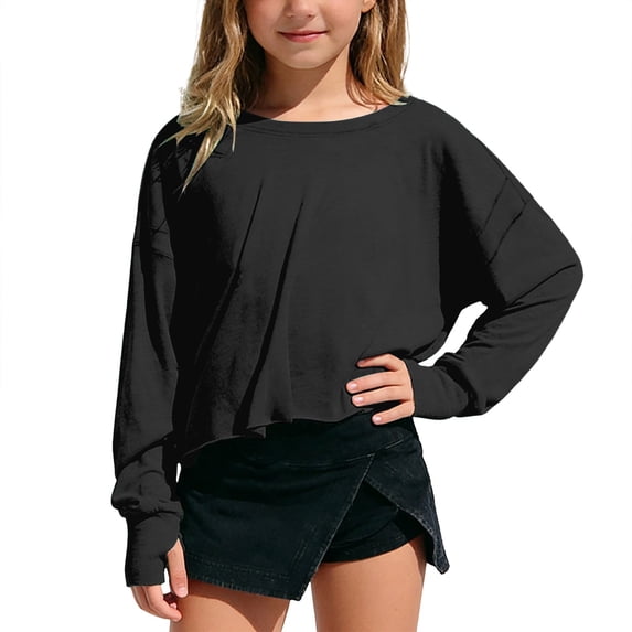 CUZIBR Girls Youth Shirts Loose Fit Long Sleeve Cropped Top Solid Color Oversized Crewneck Casual Blouse Backless Summer Fashionable Basic Breathable Cozy Lightweight Tee Blouse,Black,5-6 Years