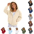 thumbnail image 1 of CUZIBR Girls Zip Up Hooded Sweatshirt Solid Color Casual Loose Fit Outerwear With Pockets Hoodie Jacket For Kids Basic Fall Lightweight Comfortable Daily Wear,Beige,6-7 Years, 1 of 5