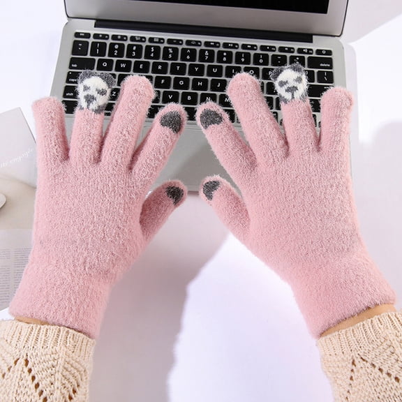 CUZIBR Gloves Cute Panda Finger Cartoon Pattern Fuzzy Lined Knitted Touchscreen Thermal Mittens Windproof For Running Driving Hiking