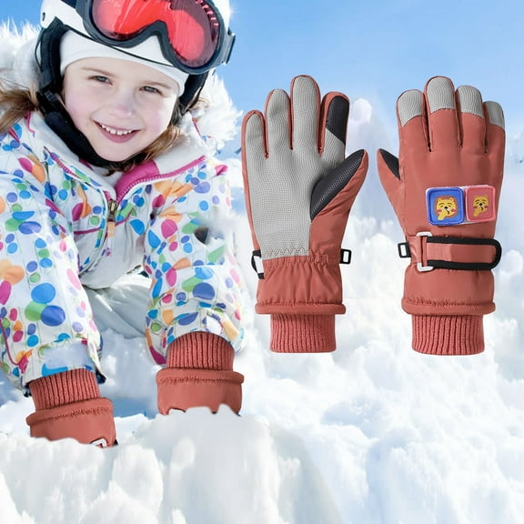 CUZIBR Gloves For Kids Thick Thermal Lined Cycling Skiing Cold Gloves Waterproof Cozy Windbreaker Warm Mittens For Cold Weather,Brick Red,S