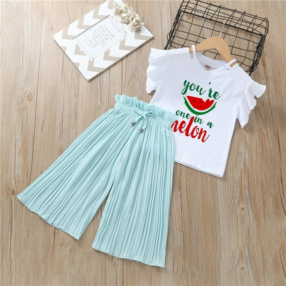 CUZIBR Holiday Outfits Fashion Ruffles Short Sleeve Round Neck Cartoon Flower Print Shirt Tops High Waist Wide Leg Pants Casual 10 Piece Suits Cute Winter Outfits,Sky Blue,3-4 Years