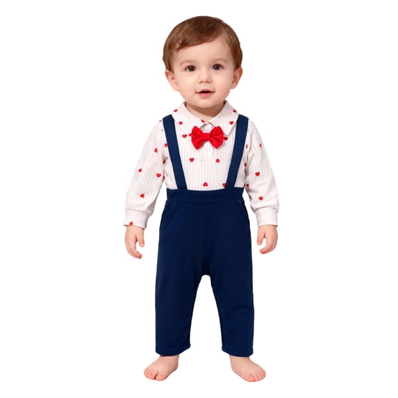 CUZIBR Holiday Outfits Valentines Day Boy Formal Suit Strip Long Sleeve Herat Print Blouse Shirt And Suspenders Bodysuit Romper Jumpsuit Soft Wedding Casual Clothing Sets,White,6-12 Months