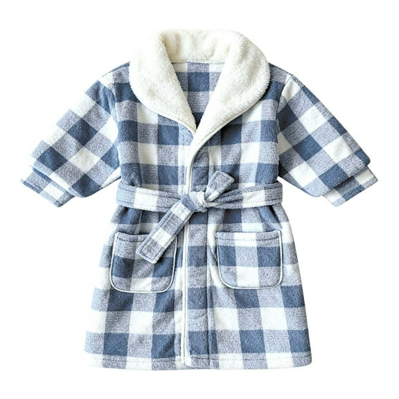 CUZIBR Holiday Outfits Winter Thickened Fuzzy Thermal Soft Bathrobe Plaid Long Sleeve Cute Robe Home Dailywear Boys' Clothing Sets,Blue,2-3 Years