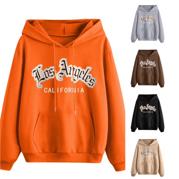 CUZIBR Hoodies For Women Letter Print Casual Long Sleeve Pullover Hooded Sweatshirt With Pocket Loose Tops Comfortable Fashion Fall Winter Clothes,Orange