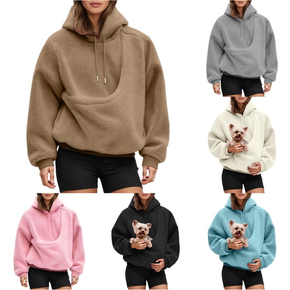 CUZIBR Hoodies For Women Solid Color Oversized Hooded Sweatshirt With Large Pocket Fuzzy Warm Front Carry Pouch For Small Cats Dogs Pet Lover Tops Fall Winter Clothes,Khaki