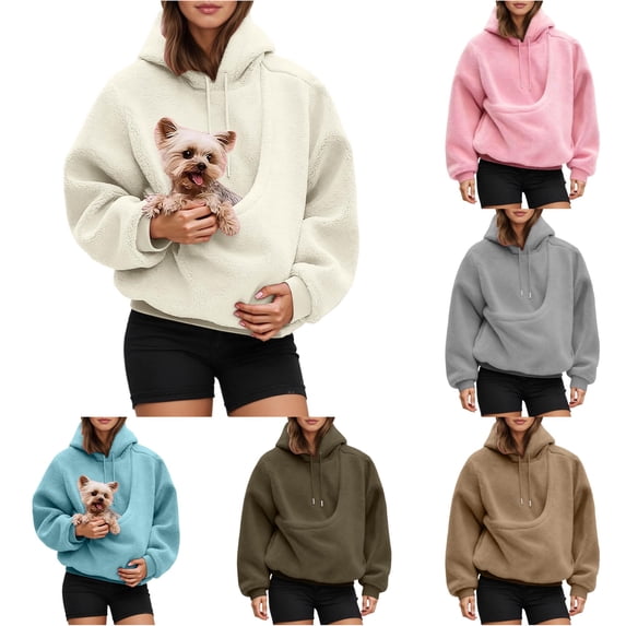 CUZIBR Hoodies For Women Solid Color Oversized Hooded Sweatshirt With Large Pocket Fuzzy Warm Front Carry Pouch For Small Cats Dogs Pet Lover Tops Fall Winter Clothes,White