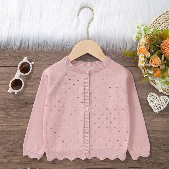 CUZIBR Infant Cardigan Sweater For Girls Knit Button Up Scalloped Sweaters Long Sleeve Crew Neck Lovely Fall Winter Coat,Pink,12-18 Months