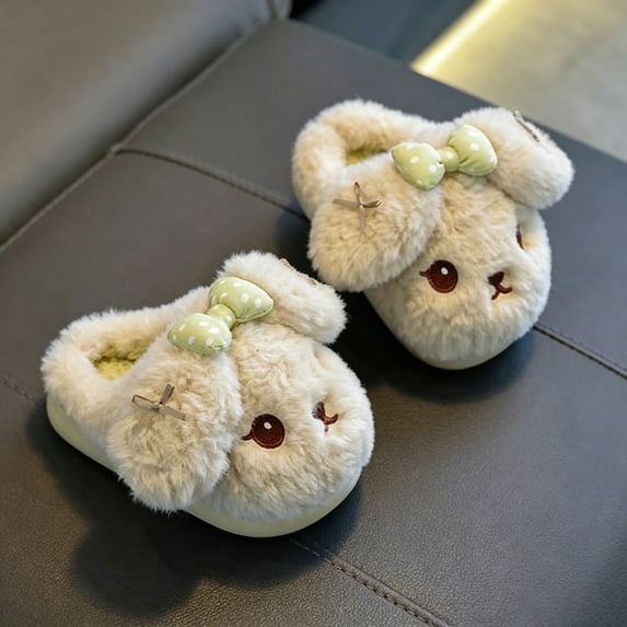 CUZIBR Girls Slippers Boys Cute Rabbit Animal Fuzzy House Slippers Close Toe Warm Winter Warm Indoor Footwear,Green,18-24 Months