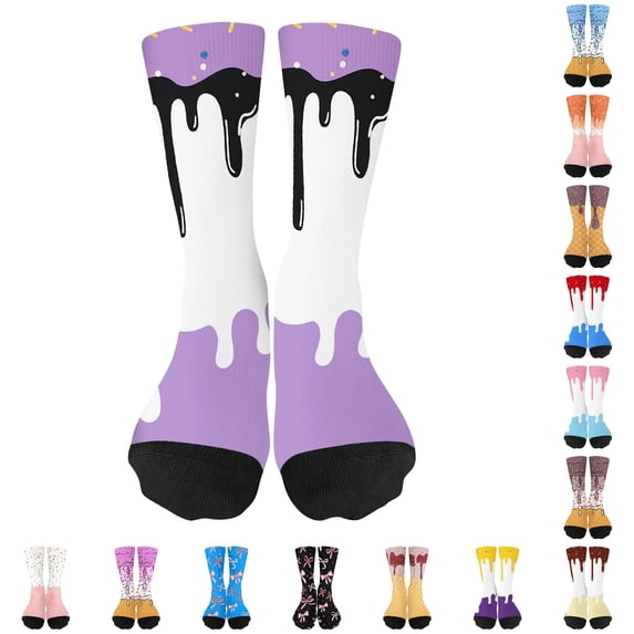 CUZIBR Kids Ankle For Girls Ice Cream Printed Crew Socks White Ribbed Funny Pattern Mid-Calf Socks Soft Breathable Casual Wear,7-12 Years