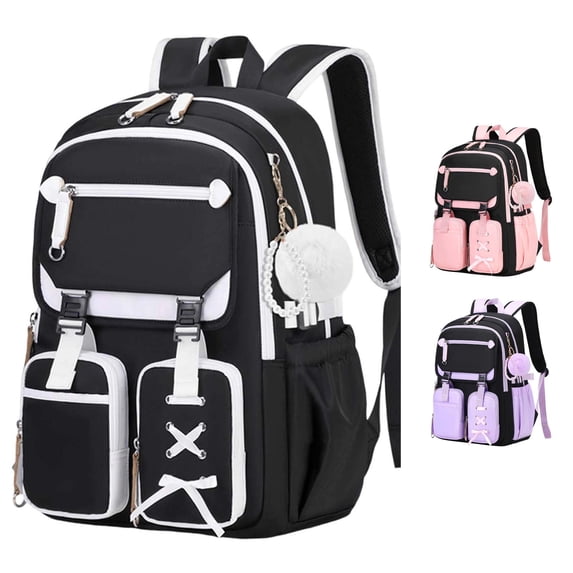 CUZIBR Kids Backpack For Girls Stylish Cute Lace-Up Bow School Bag With Pearl Chain Multiple Compartments Large Capacity Lightweight Student Backpack For Daily Use Travel