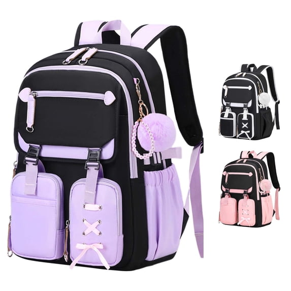 CUZIBR Kids Backpack For Girls Stylish Cute Lace-Up Bow School Bag With Pearl Chain Multiple Compartments Large Capacity Lightweight Student Backpack For Daily Use Travel