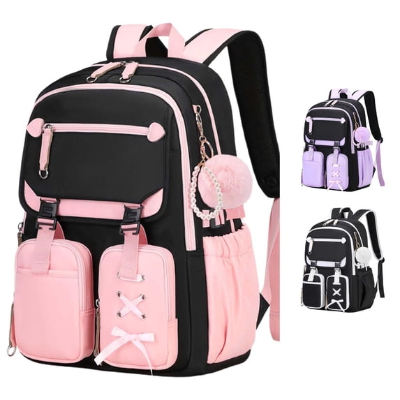 CUZIBR Kids Backpack For Girls Stylish Cute Lace-Up Bow School Bag With Pearl Chain Multiple Compartments Large Capacity Lightweight Student Backpack For Daily Use Travel