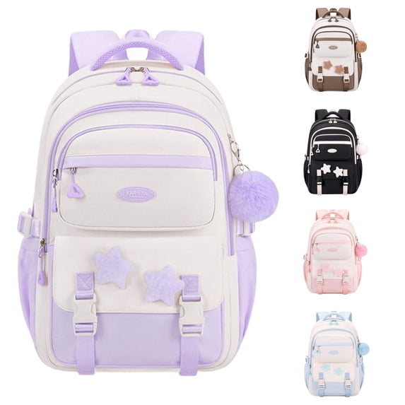 CUZIBR Kids Backpack School Bag Large Capacity Cute Star Pattern School Backpack Multi Pockets Water Resistant Bookbag Adjustable Padded Straps Rucksack For Teen Girls