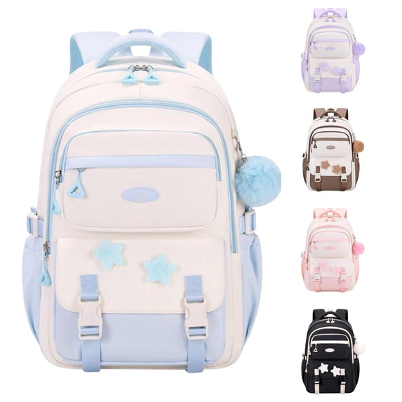 CUZIBR Kids Backpack School Bag Large Capacity Cute Star Pattern School Backpack Multi Pockets Water Resistant Bookbag Adjustable Padded Straps Rucksack For Teen Girls