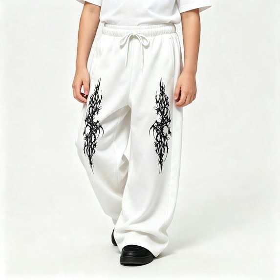 CUZIBR Kids Baggy Sweatpants Boys Wide Leg Athletic Joggers Pants With Pocket Gothic Graphic Drawstring Elastic Waist Soft Workout Active Trousers,White,10-11 Years