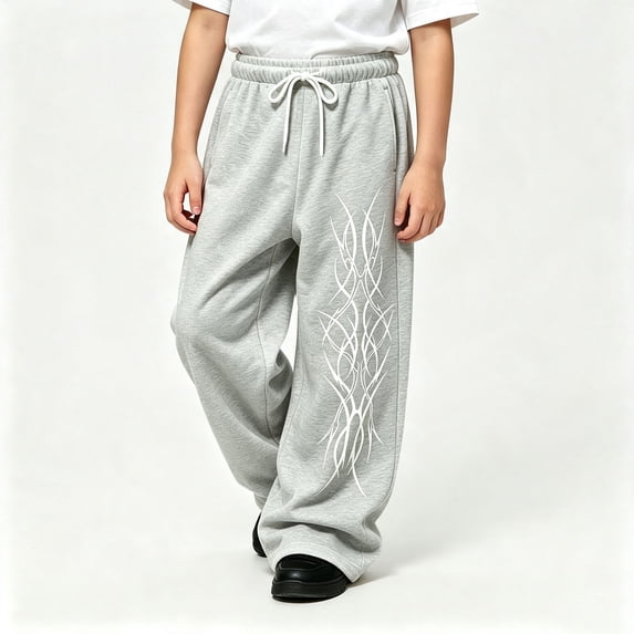 CUZIBR Kids Baggy Sweatpants Boys Wide Leg Athletic Joggers Pants With Pocket Street‑Style Graphic Drawstring Elastic Waist Cozy Workout Active Trousers,Grey,6-7 Years