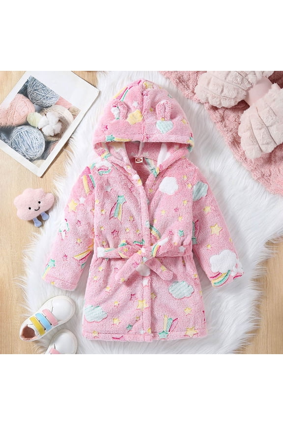 Kids Bathrobe Cartoon Dinosaur Hooded Fuzzy Soft Cozy Robe Jacket Long Sleeve Thickened Sleepwear For Toddler Winter Warm Comfy Pajamas,Pink,2-3 Years