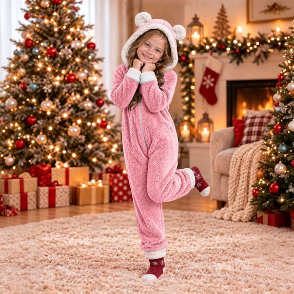 CUZIBR Kids Bear Ear Onesie Girl Fuzzy Hooded Jumpsuit Pajamas Zip-Up Long Sleeve Cute Sleepwear,Pink,12-14 Years