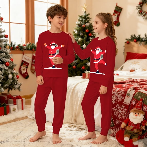 CUZIBR Kids Boy Girl Pajamas Christmas Loungewear Set Long Sleeve Crew Neck Tops And Pants 2 PC Santa Claus Graphic Cozy Fall Nightwear,Red,7-8 Years