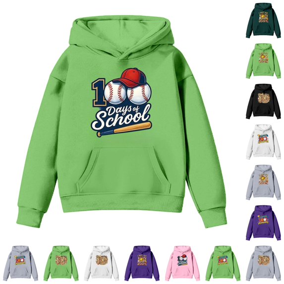 CUZIBR Kids Boys 100 Days Of School Sweatshirt Basketball Baseball Letter Graphic Pullover Hoodie Long Sleeve Soft Tops Back To School Casual Hooded Top With Front Pocket,Green-C,12-13 Years