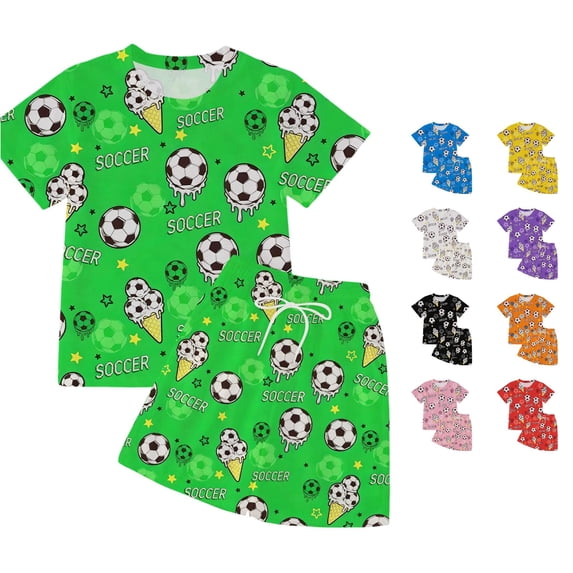 CUZIBR Kids Boys Girls Ice Cream Soccer Print Short Sleeve Tshirts Tops With Shorts Summer Casual Outfit Sets Clothes Sets,Green,3-4 Years