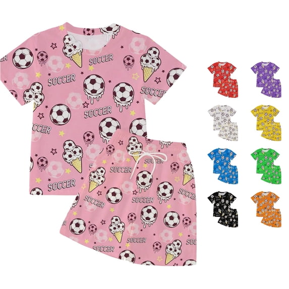 CUZIBR Kids Boys Girls Ice Cream Soccer Print Short Sleeve Tshirts Tops With Shorts Summer Casual Outfit Sets Clothes Sets,Pink,13-14 Years
