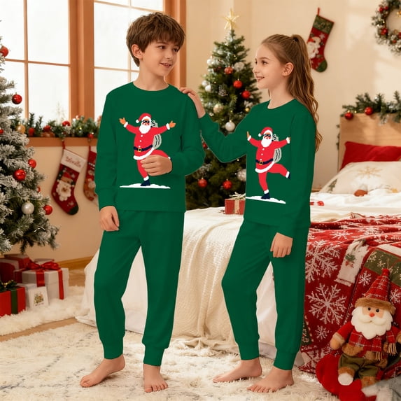 CUZIBR Kids Boys Girls Pajamas Christmas Loungewear Set Long Sleeve Crew Neck Tops And Pants 2 PC Santa Claus Graphic Cool Fall Homewear,Green,6-7 Years