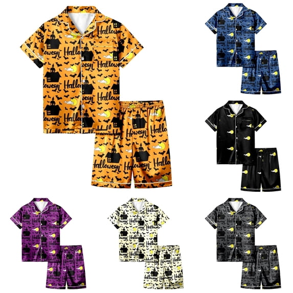 CUZIBR Kids Boys Girls Pajamas Halloween Short Sleeve Button Down Shirt And Shorts 2 PC Sleepwear Bat Moon Graphic Lapel Smooth Loungewear Cute Festival Party Nightwear,Orange,10-11 Years