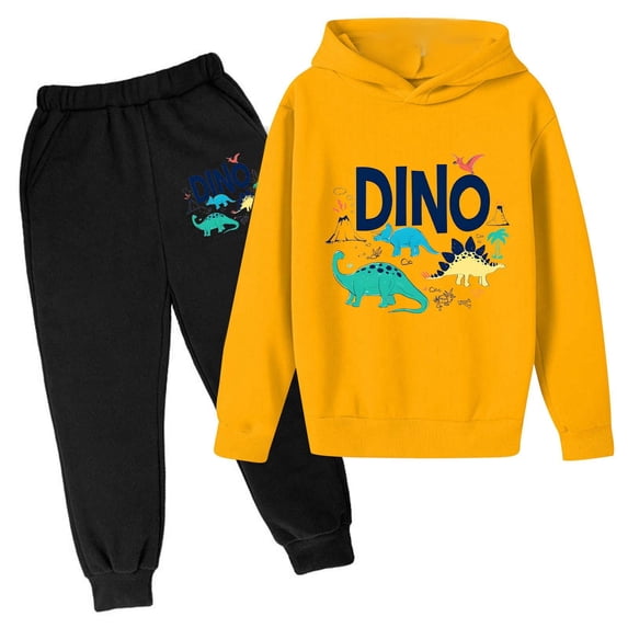 CUZIBR Kids Boys Outfits Long Sleeve Dinosaur Graphic Hoodie And Pants 2 PC Set Soft Fall Winter Clothes,Black,9-10 Years