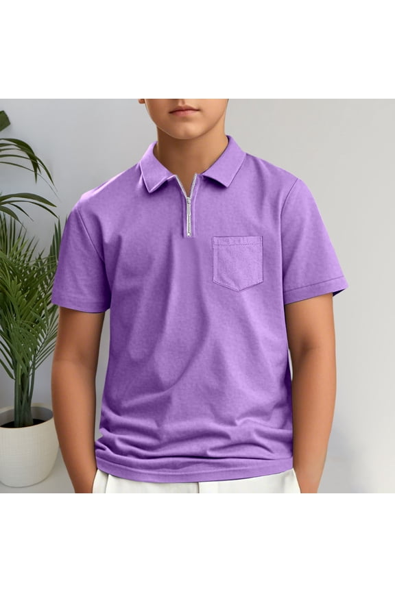 Kids Boys Short Sleeve Polo Shirts Quarter Zip Up Solid Color Classic School Uniform Tee Summer Casual Gentleman Tops Teen Holiday T Shirt Basic Tees Tagless,Purple,11-12 Years