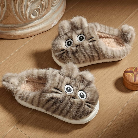 CUZIBR Kids Boys Slippers Girls Cute Cat Fuzzy House Slippers Close Toe Warm Winter Warm Home Footwear,Grey,6-7 Years