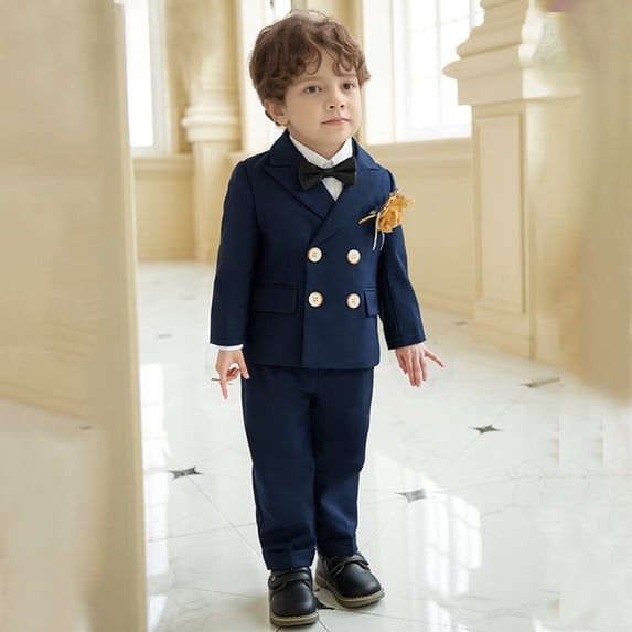 CUZIBR Kids Boys Suit Outfits Formal Tuxedo Set Coat Vest Pants Bow Tie Corsage 5 PC Long Sleeve Gentleman Wedding Clothes,Navy,5-6 Years